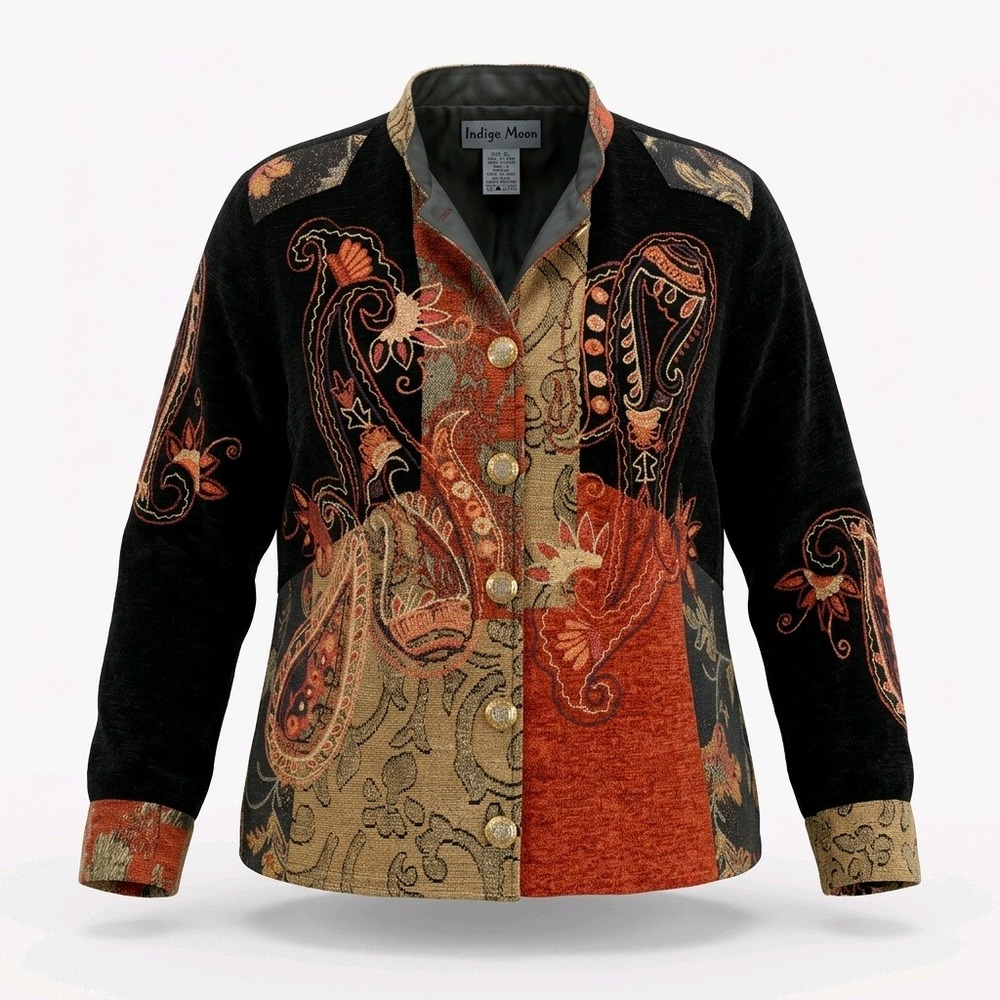 Indigo Moon Womens Large Paisley Patchwork Tapestry Jacket Black Orange Boho L